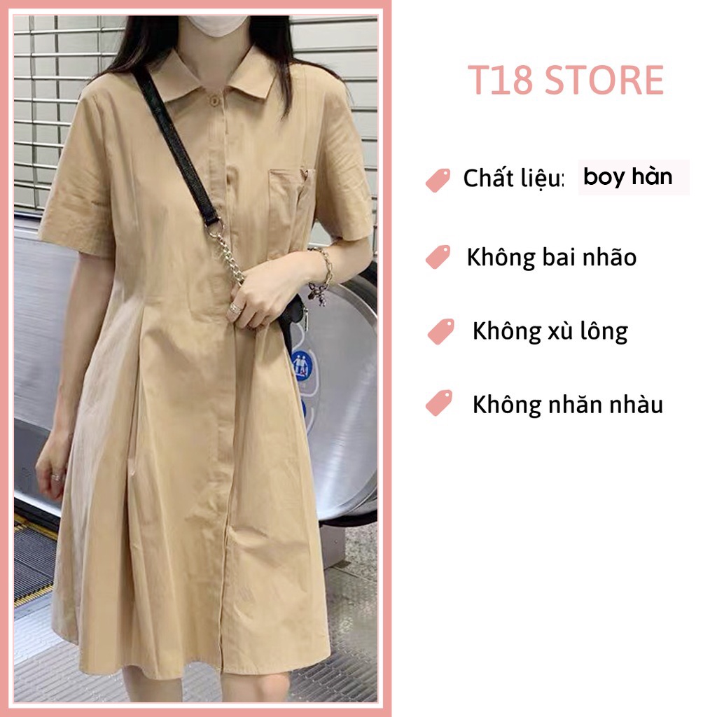 Đầm polo cổ sơ mi có túi ngực xếp ly eo cộc tay ulzzang T18 V16