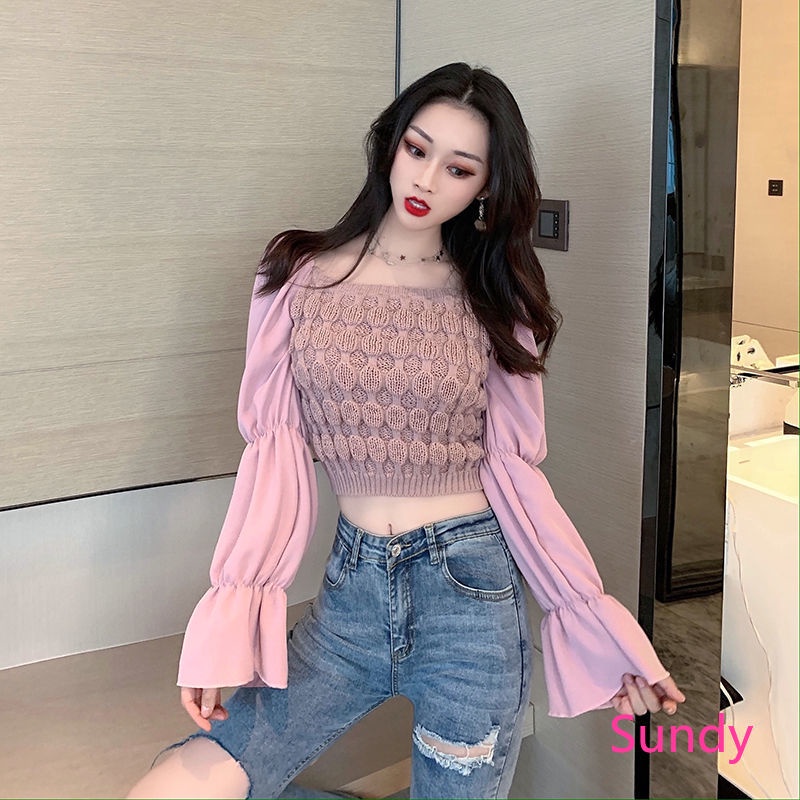 Áo Dệt Kim Tay Dài Cổ Vuông Phối Voan Xinh Xắn Thời Trang Cho Nữ