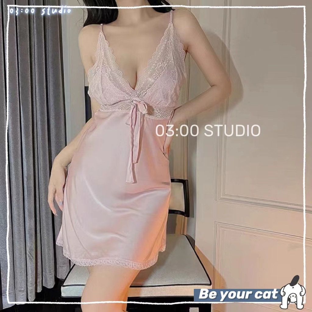 （Giao hàng bảo mật）💜Váy/đầm ngủ nữ sexy💜hai dây lụa phối ren ngực cao cấp đầm mặc nhà hở lưng quyến rũ---029