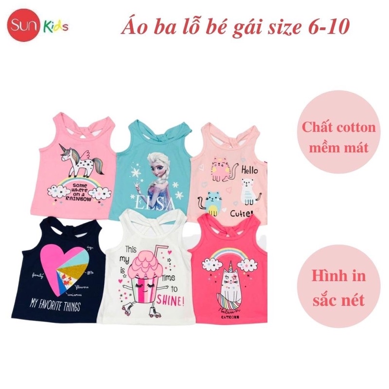 Áo thun bé gái, áo phông bé gái dáng ba lỗ, chất cotton, nhiều màu, size 6-10 - SUNKIDS1