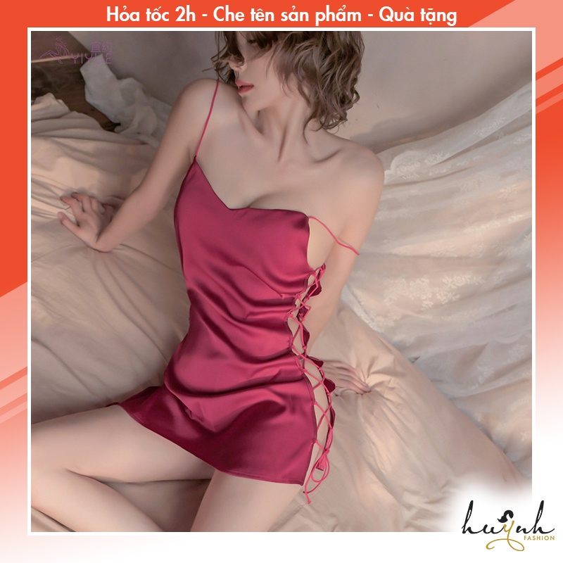 Váy Ngủ Lụa Hai Dây Hở Sườn Kiểu Tà Trước Sau Dây Đan Hông Gợi Cảm - N56