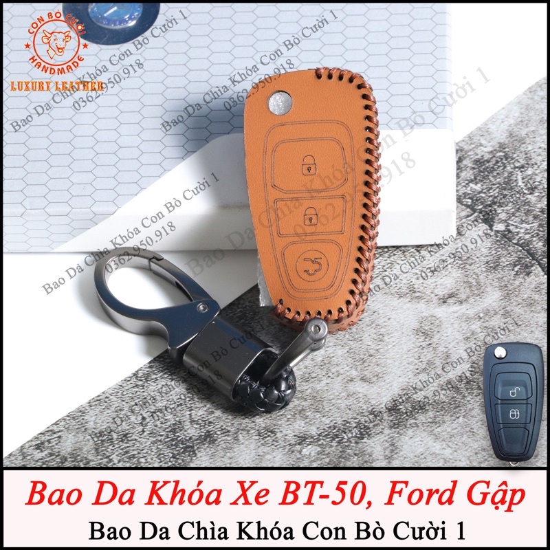 Bao da chìa khoá ôtô Ford Ranger XLS, XLT 2014-2017, Ecosport, Mazda BT50 chìa gấp nhỏ_Da bò thật - Khắc tên SĐT