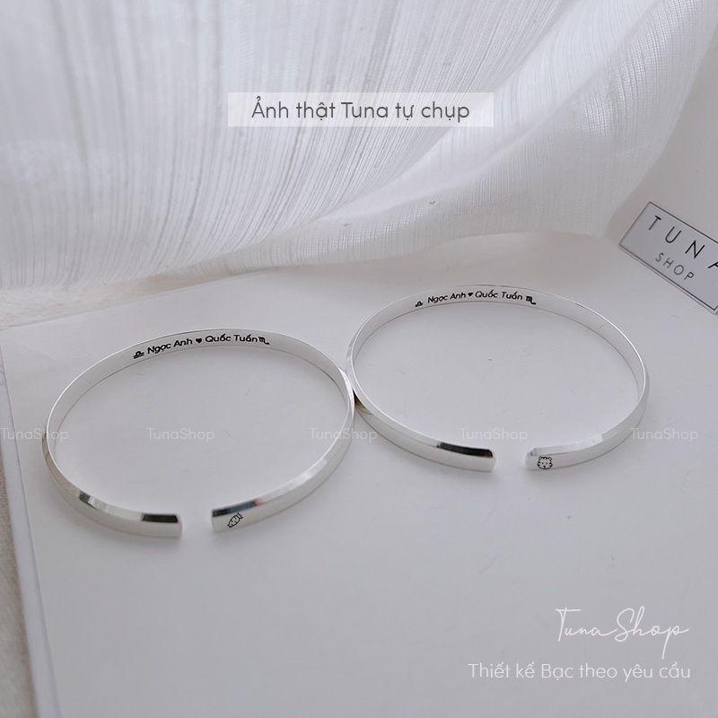 Vòng tay đôi Bạc thiết kế theo yêu cầu, Lắc tay đôi khắc tên, Kiềng tay khắc chữ TUNA SILVER Trang sức Bạc cao cấp