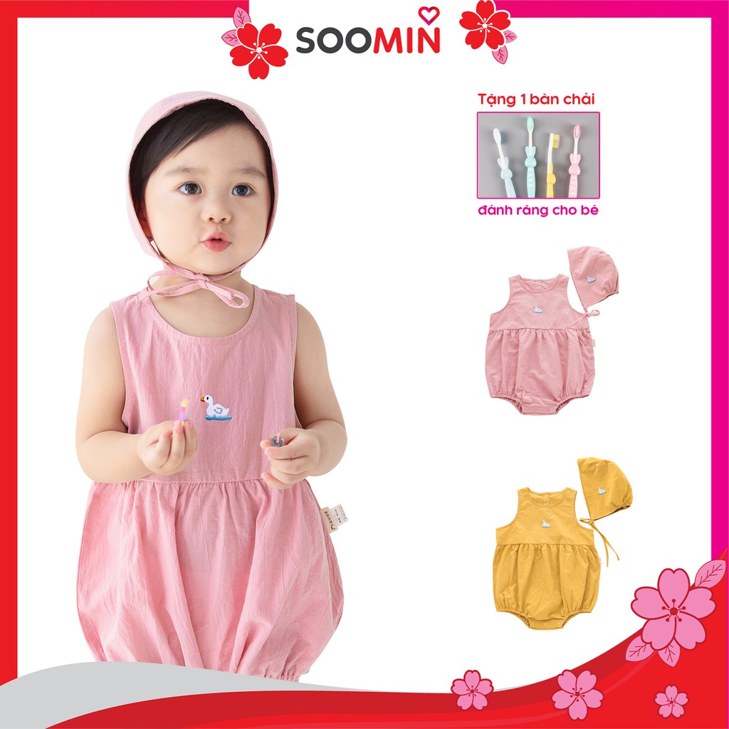 Jumpsuit Cho Bé Gái Soomin Kids Thêu Hình Vịt Chất Thô Giấy Hàn Quốc Cho Trẻ Em Từ 6 Đến 16 Kg Y8 [ Không Có Mũ ]