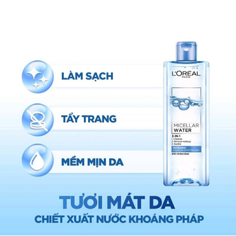 Nước tẩy trang cho mọi loại da Loreal Paris 3in1 Micellar Water 400ml