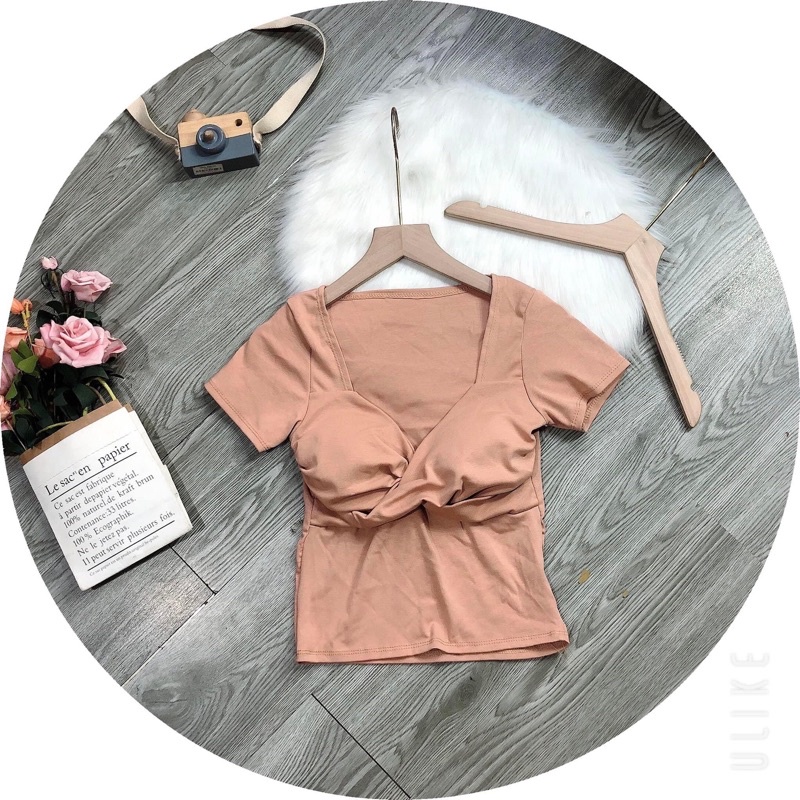 Áo thun body croptop xoắn ngực tay ngắn kèm video hình thật