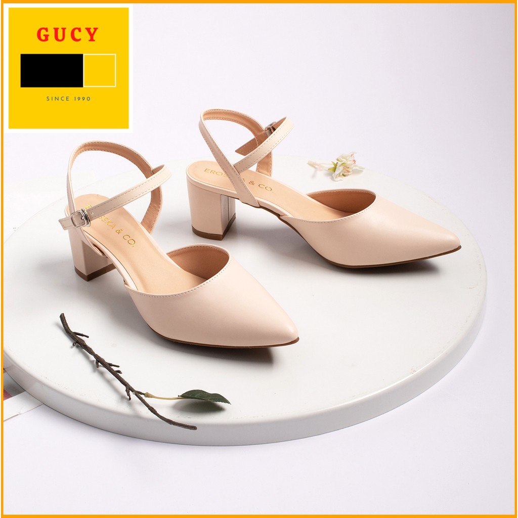 Giày cao gót nữ hàng hiệu Erosska thời trang mũi nhọn phối dây hở gót cao 5cm màu nude EK001