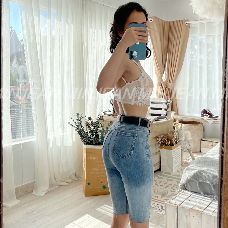 Quần Lửng Nữ Skinny Nữ Lưng Cao Ombre MinJean MS50, Quần Jean Ngố Rách Loang Co Giãn Hack Dáng