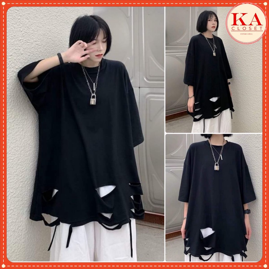 [Mã FAMARAL1 giảm 10K đơn 50K] Áo phông đen rách KA Closet chất áo thun cotton mềm mịn mát, from dưới 60kg