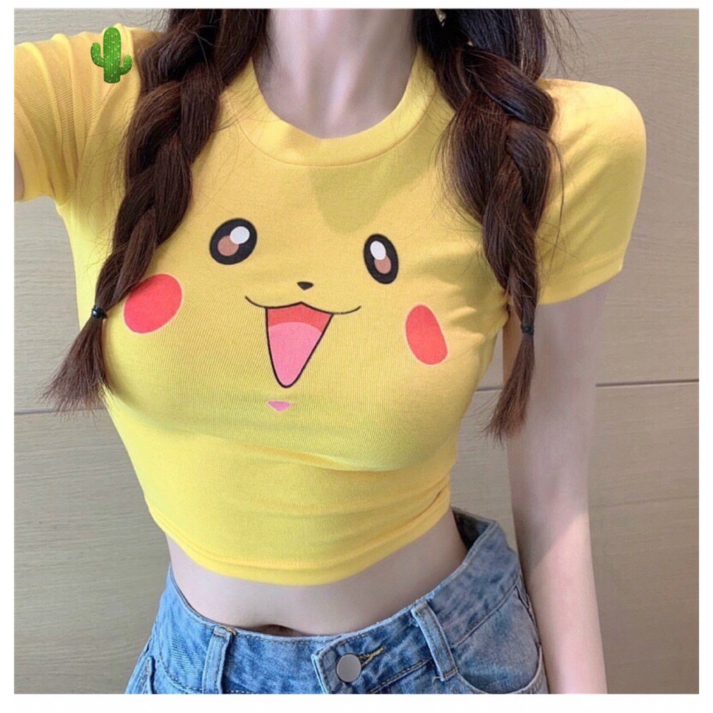 Áo kiểu croptop tay ngắn in hình hoạt hình cực xinh , chất thun bozip mềm mịn ( ảnh thật )