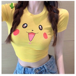 Áo thun nữ croptop mặt hoạt hình pc pokem xinh
