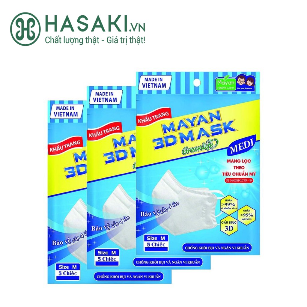 Combo 3 Gói Khẩu Trang Mayan 3D Màu Trắng (5 Cái x 3 Gói) 3D Mask (White)