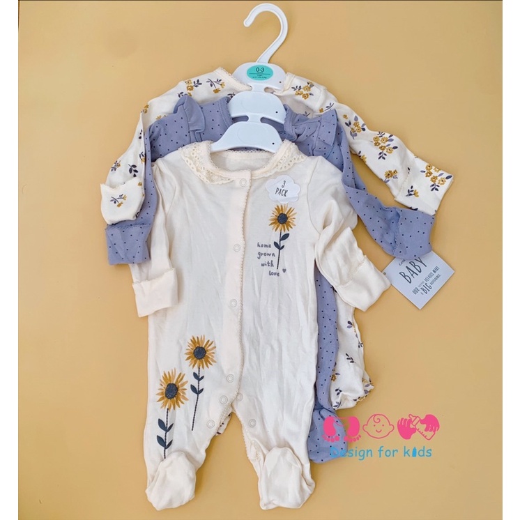 Set 3 bộ sleepsuit mẫu mới 2023 George hàng xuất dư cho bé gái