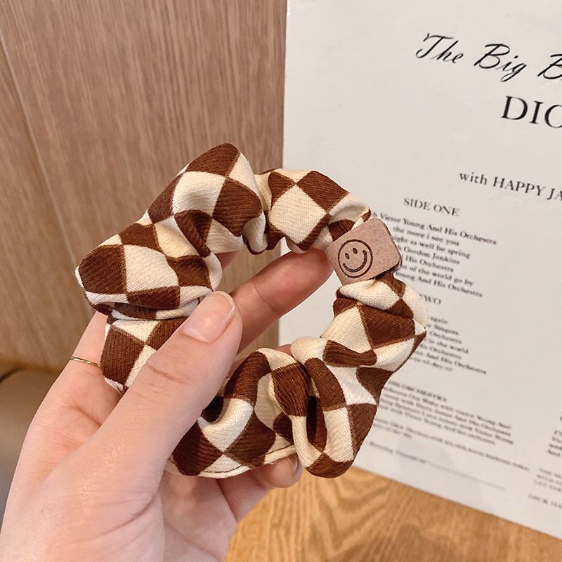 Dây Buộc Tóc Họa Tiết Caro Trắng Đen Mặt Cười Thời Trang Phong Cách Hàn Quốc