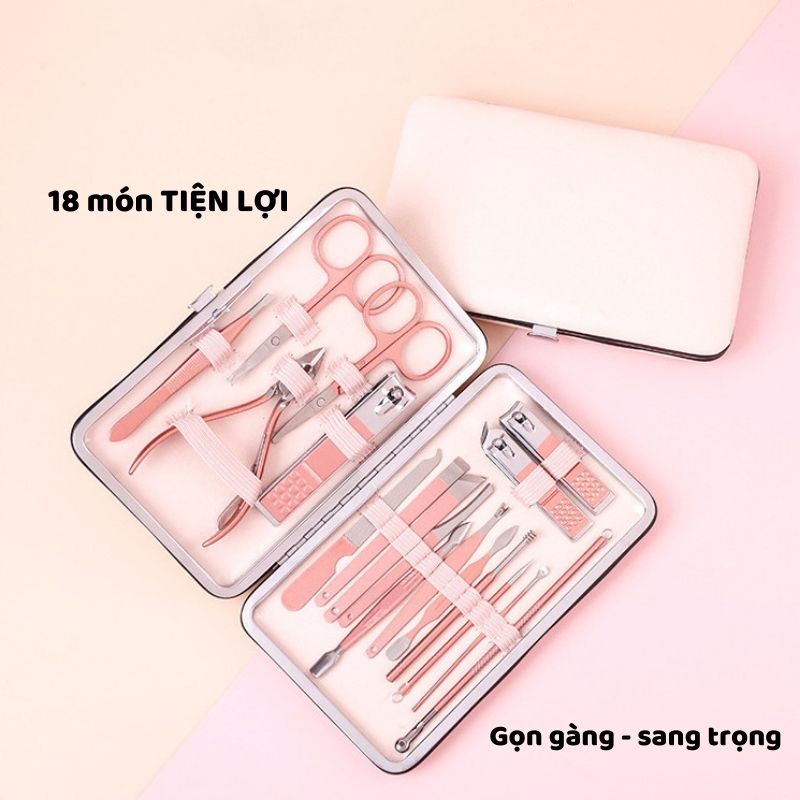 Bộ dụng cụ cắt móng tay IMA store 18 món bằng thép không gỉ cao cấp - Bấm móng tay chân hộp màu hồng