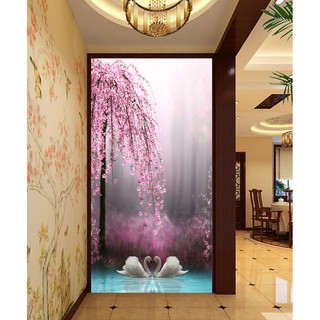 Tranh dán tường VTC phong cảnh thiên nhiên Đôi thiên nga UD0513 kim sa