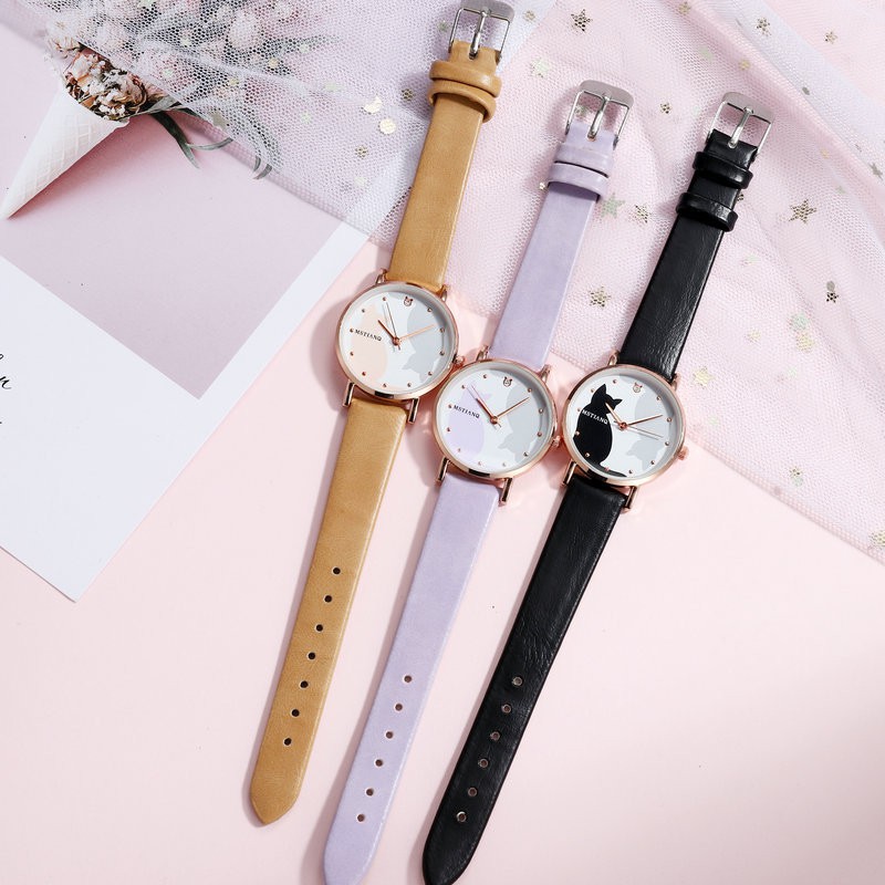 Đồng hồ nữ dây da, đồng hồ đeo tay nữ sinh hình mèo xinh xắn, mặt tròn phong cách trẻ trung, thời trang giá rẻ