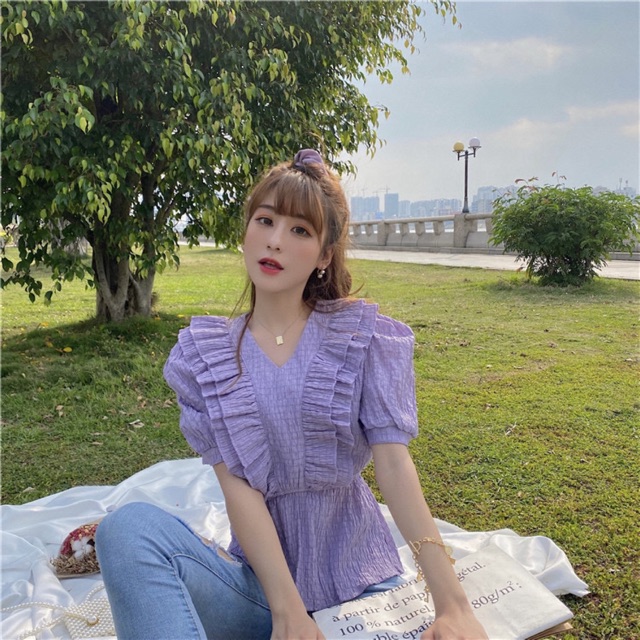 (Order ) Bigsize S-4XL Áo tím cổ v viền bèo cách điệu