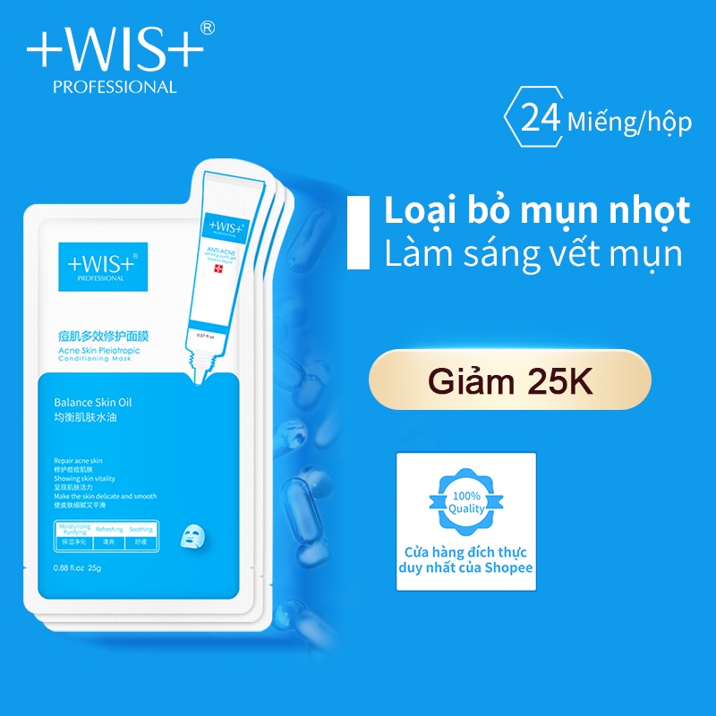 WIS xóa mụn Mặt nạ 24 miếng Kiểm soát dầu giảm mụn, thu nhỏ lỗ chân lông mờ vết thâm mụn Duy trì cân bằng nước và dầu Chăm sóc da mặt Dành cho da nhờn dễ bị mụn