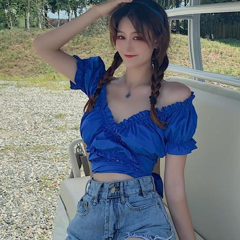 Áo croptop tay ngắn cổ chữ V màu trơn phối dây đan chéo kiểu dáng retro phong cách Hàn Quốc | BigBuy360 - bigbuy360.vn