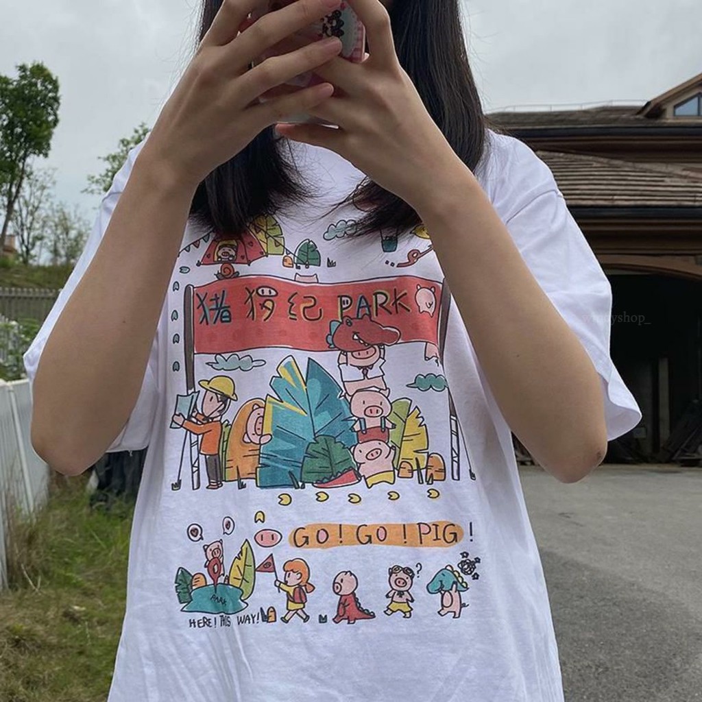Áo Thun Tay Ngắn 100% Cotton Form Rộng Unisex Ulzzang Công Viên Heo Con Cute