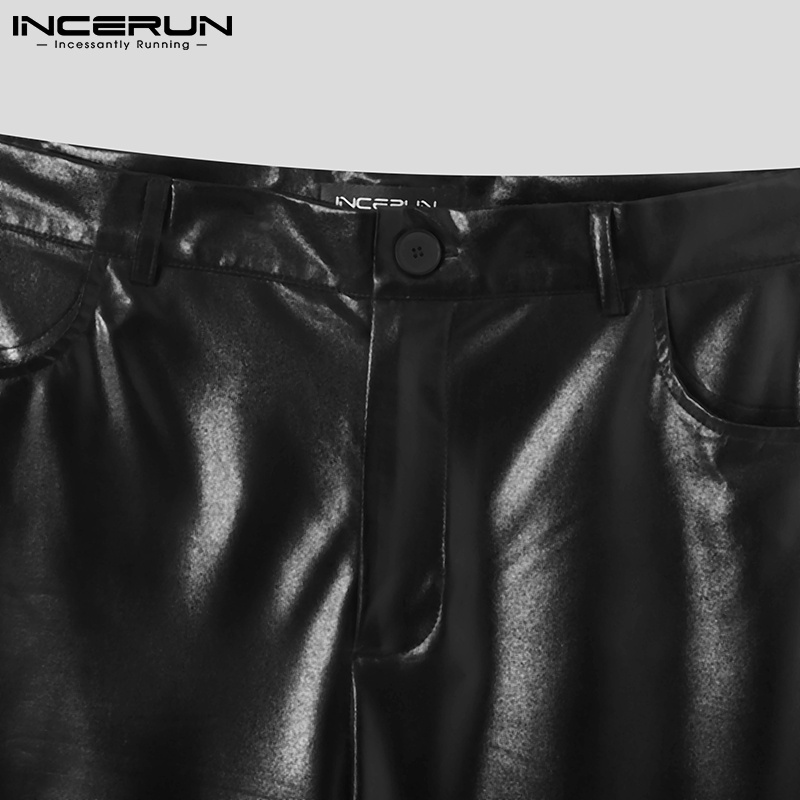 Quần INCERUN dạng dài bằng da màu đen kiểu dáng ôm sát thời trang thường ngày sành điệu cho nam