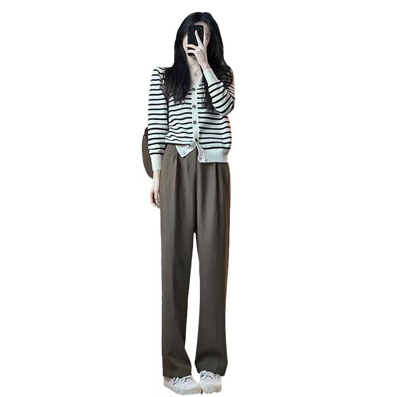 Bộ Áo Cardigan Dệt Kim Dáng Rộng Phối Quần Ống Rộng Kiểu Hàn Quốc Thời Trang Xuân Thu Cho Nữ