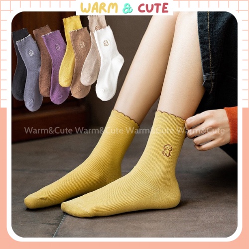 Tất cổ cao, vớ cổ cao nữ họa tiết hình cún viền ren vải len tăm co giãn thời trang Nhật Bản Warm&amp;Cute AD01