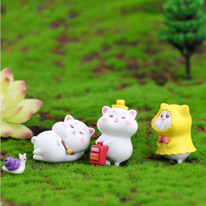 Decor bàn học full bộ 7 tượng mèo béo mặc áo mưa dễ thương trang trí terrarium