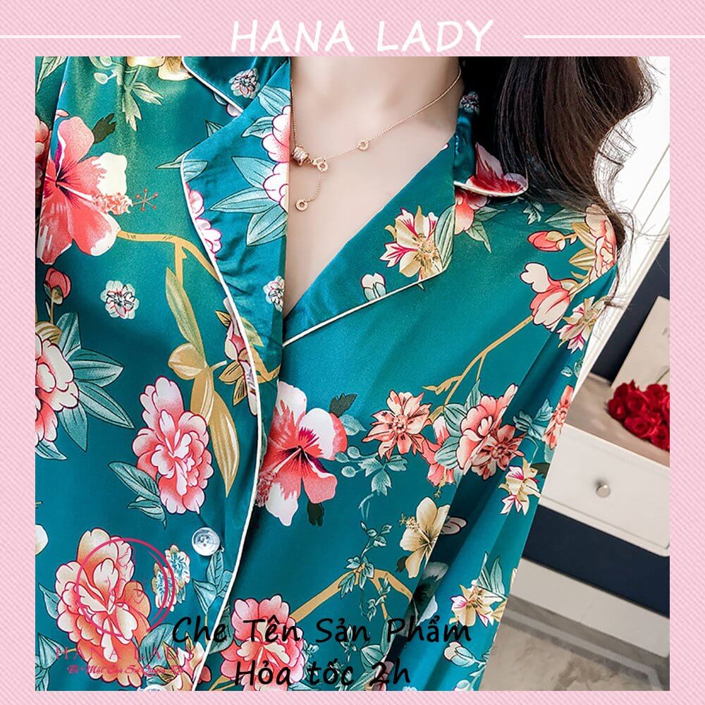 Đồ bộ ngủ pijama lụa mặc nhà mềm mại họa tiết hoa xanh PJ532