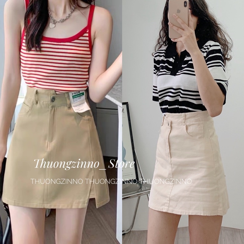 [Ảnh thật/Video ]Chân váy chữ A cạp chéo gắn tag da FROM loại 1 Chân váy  chất kaki hai da hàng Quảng Châu