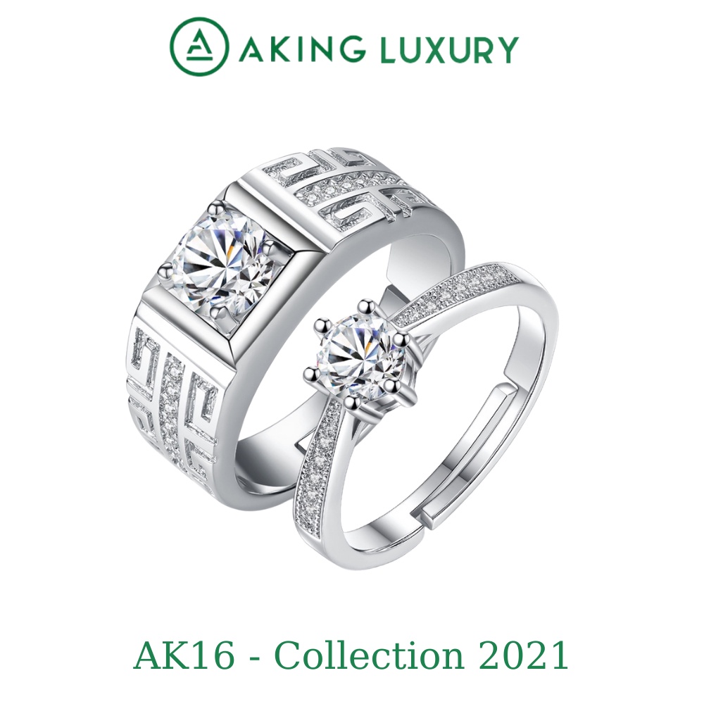 Nhẫn đôi AKING LUXURY AK16 cao cấp, nhẫn bạc nam họa tiết khỏe khoắn, nhẫn bạc nữ đính đá sang trọng. Nhẫn cặp mới 2021