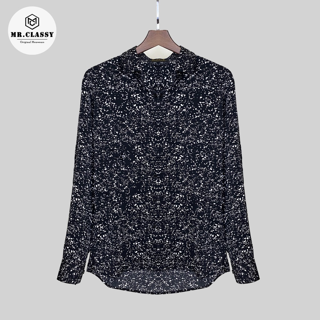 Áo sơ mi nam họa tiết chấm trắng vải lụa Hàn cao cấp mềm mịn thoáng mát co dãn nhẹ | BigBuy360 - bigbuy360.vn