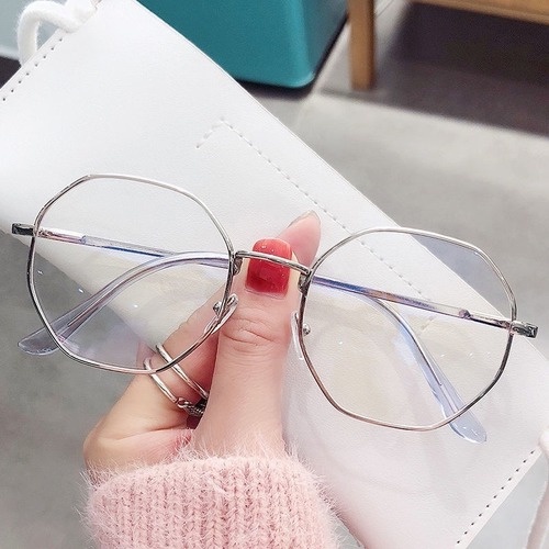 Gọng kính cận nữ nam mắt lục giác kim loại, Tròng giả cận 0 độ chống ánh sáng xanh FERADO