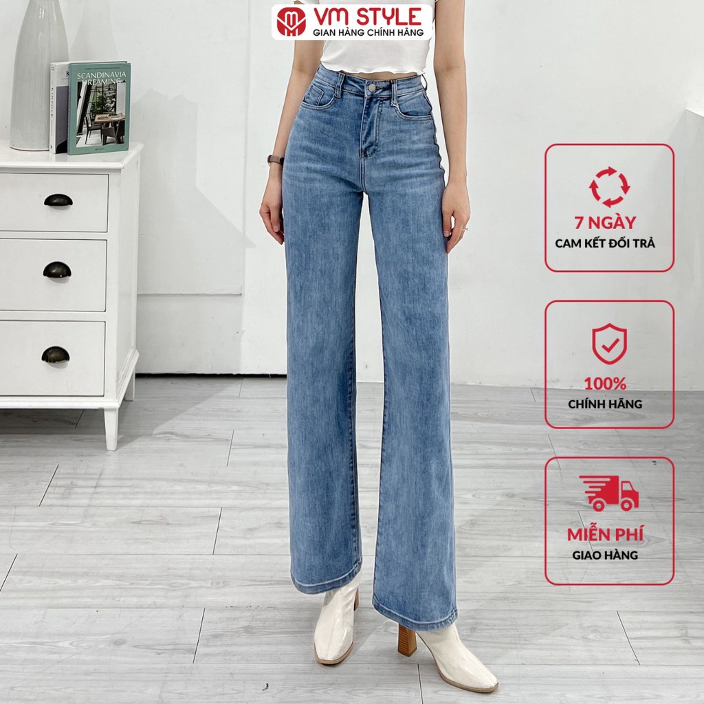 Quần jean ống rộng VMSTYLE (CHẤT CO GIÃN) nữ lưng cao trơn lai thường 127 QJR00008