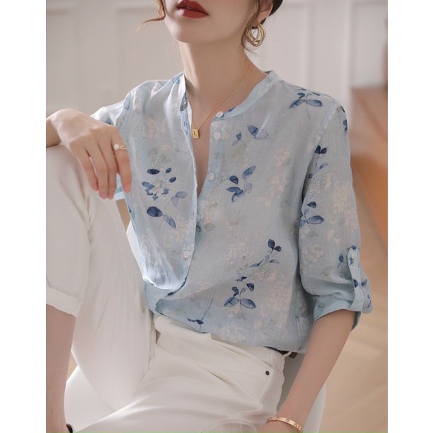 Áo hoa cổ tàu tay bồng cho nữ | BigBuy360 - bigbuy360.vn