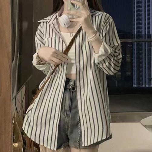 Áo sơ mi ZHELIHANGFEI tay dài dáng rộng họa tiết kẻ sọc thời trang dễ phối đồ cho nữ