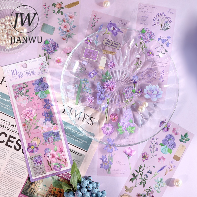 Bộ 4 Tấm Sticker PET Trong Suốt Họa Tiết Hoa Dùng Trang Trí Sổ Tay Phong Cách Vintage