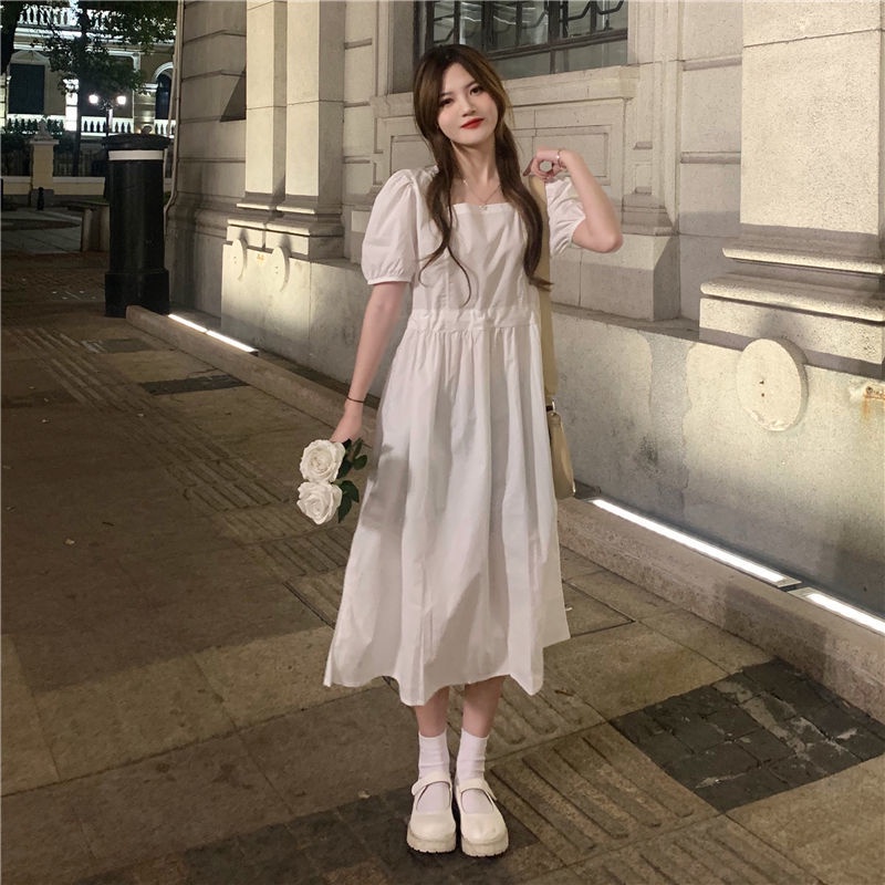 Đầm Tay Phồng Ngắn Cổ Vuông Chiết Eo Phong Cách Hàn Quốc