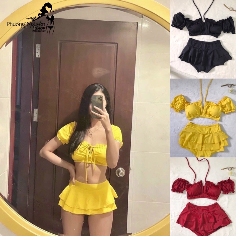đồ bơi nữ  bikini 2 mảnh tay bồng kết  hợp  chân váy 2 tầng mẫu hiền hồ HÌNH CHỤP THẬT | BigBuy360 - bigbuy360.vn