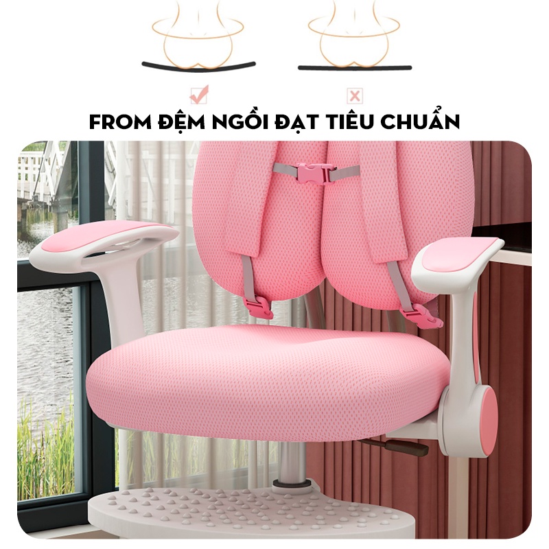 Ghế chống gù lưng cho bé, ghế ngồi học tùy chỉnh độ cao có gác chân có đệm lưng và đệm ngồi