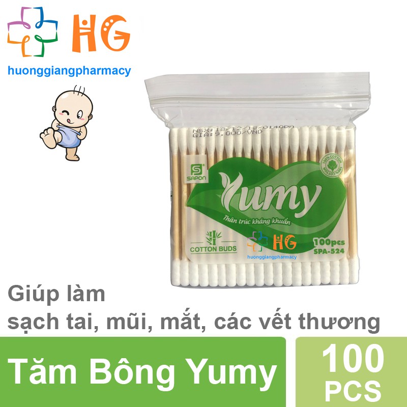 Tăm bông Yumi cán gỗ (Gói 100 que)