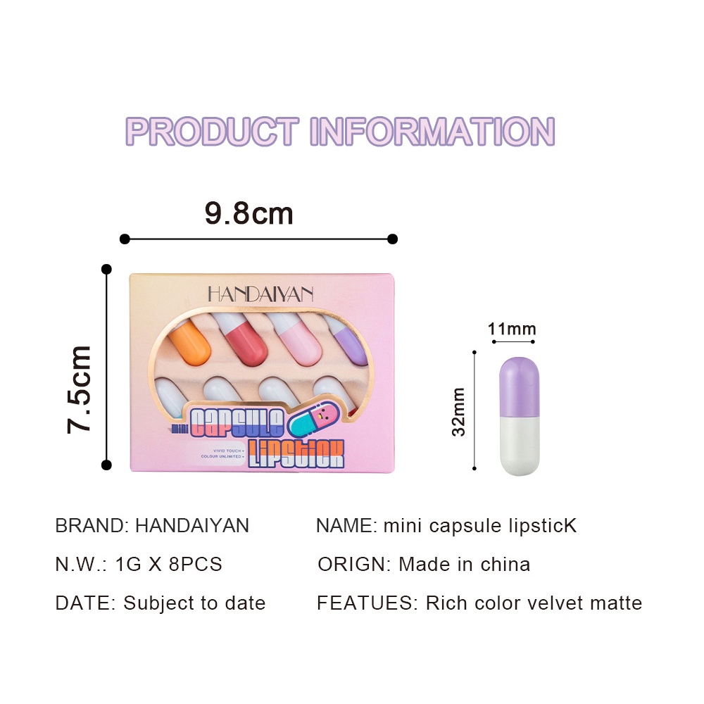 Set 8 Thỏi Son Lì Mini Viên Nén HANDAIYAN 8 Màu Sắc Quyến Rũ, Độc Đáo, Sang Trọng F8