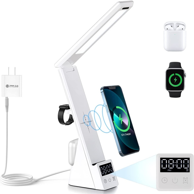Đèn LED Để Bàn Đa Năng Tích Hợp Đồng Hồ Báo Thức 15W 5 Trong 1 Sạc Nhanh Không Dây Dành Cho Điện Thoại Di Động