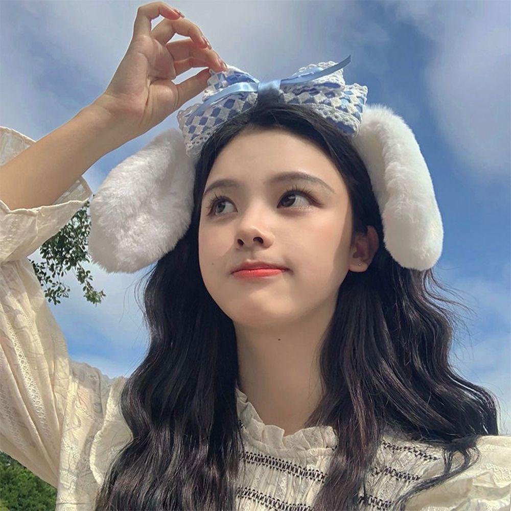 Băng Đô Cài Tóc Tai Thỏ Bằng Vải Bông Màu Ngà Đính Nơ Thời Trang Thu Đông Cho Nữ