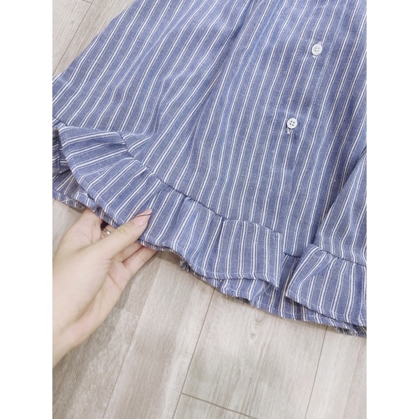 Váy sơ mi kẻ sọc xanh tay bồng có dây buộc eo tôn dáng Aimee closet