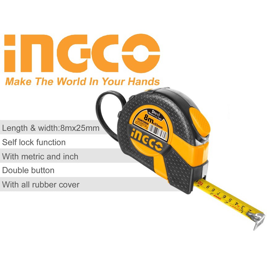 INGCO Thước kéo cuộn 8 mét x 25mm thép nền vàng Steel Measuring Tape HSMT0808