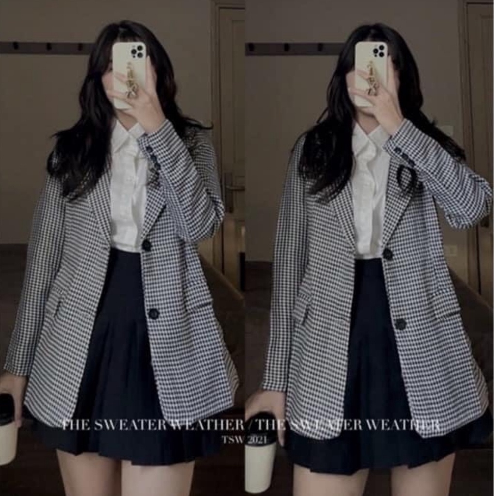 Áo Blazer nữ 2 lớp kiểu Hàn Quốc, Áo Vest nữ khoác ngoài kẻ nhỏ đẹp