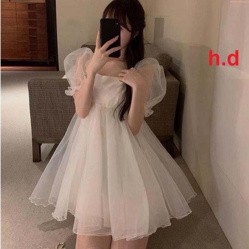 Váy Babydoll tơ von tay phồng Nơ Lưng phong cách tiểu thưĐầm nữ dáng xòe Vintage maxi Hàn Quốc sang chảnh 2 lớp rẻ nhất