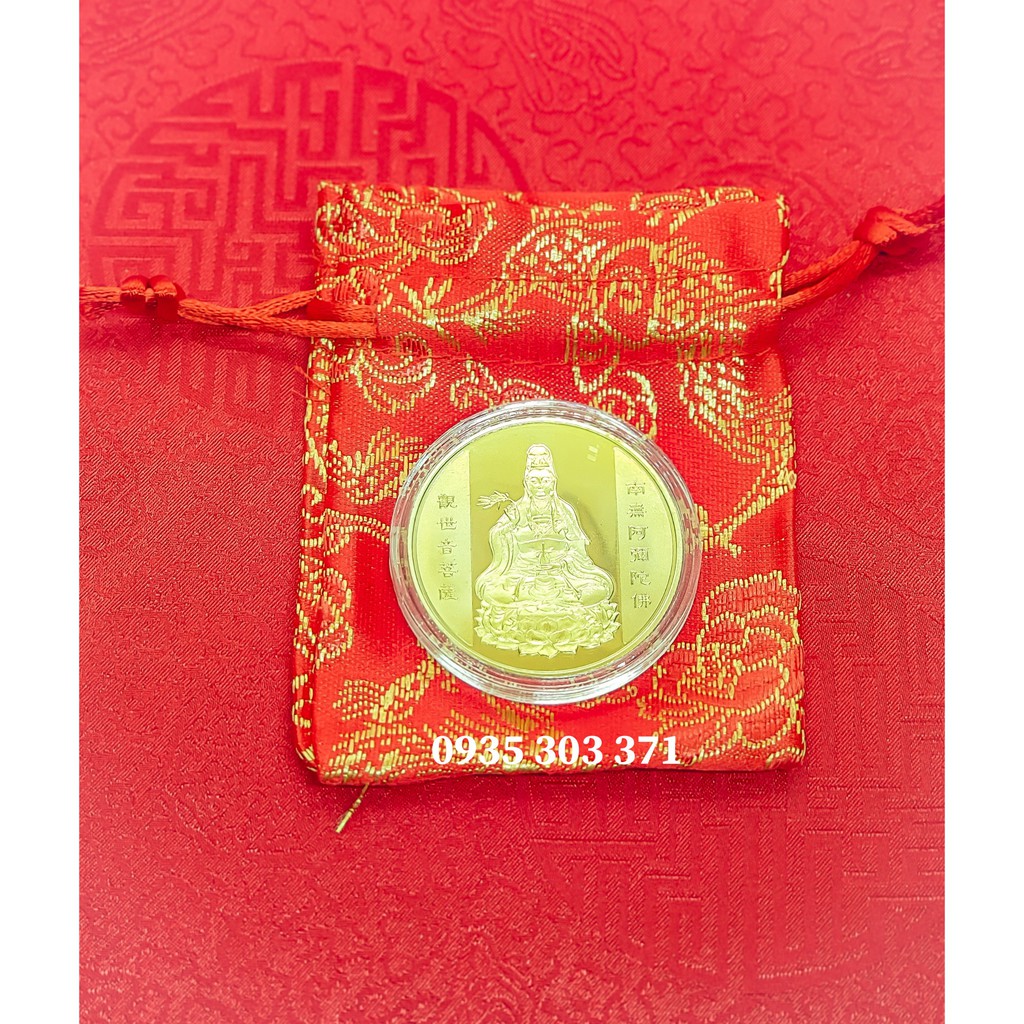 Đồng Xu Hình Phật Quan Âm Kèm Túi Gấm May Mắn Quà Tặng 2021